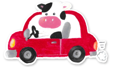 牛が車を運転しているイラスト画像