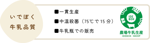 いでぼく牛乳品質（一貫生産、中温殺菌、牛乳瓶での販売）