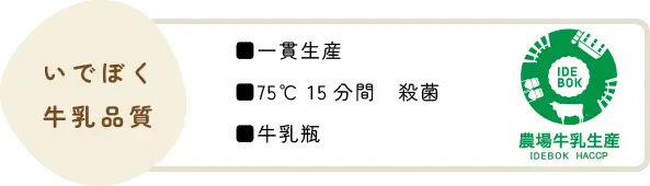 いでぼく牛乳品質（一貫生産、75℃15分間 殺菌、牛乳瓶）